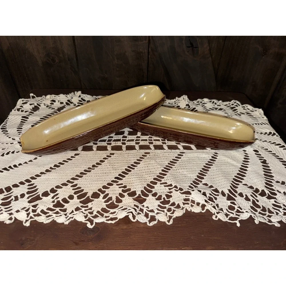 Vintage 1960s Ceramic Corn on the Cob Dishes Set of 2 Brown Husk Texture